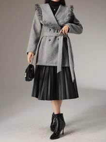 Modelyn Women's Autumn Casual Teddy Collar Patchwork Double-Breasted Overcoat - Grey - View 6