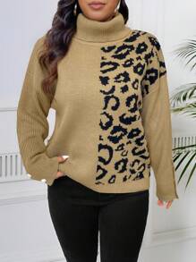SHEIN LUNE 大码女式秋冬豹纹高领落肩长袖套头毛衣针织衫 - 彩色 - 查看 4