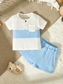 SHEIN Đứa bé trai Hai âm Đã vá Túi Áo thun & quần đùi - Xanh và trắng - Xem 2