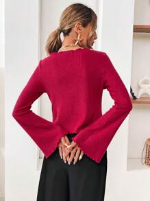 SHEIN VCAY Camiseta de manga larga con textura de punto acanalado roja para mujer, uso para ir al trabajo, estilo minimalista, con decoración de lazo - Rojo - Ver 2