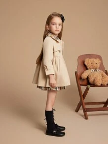 PrepCrw Young Girls' English Style Plaid Patchwork Lapel Double-Breasted Long Trench Coat, Waist-Cinched, Brown Color For Back To School, Autumn/Winter - Khaki - View 5