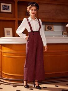 Vintamour 复古优雅女式连体裤双排扣拼色装饰吊带阔腿裤连衣裙女式裤子套装夏季裤子夏季下装乡村演唱会服装女式裤子灰色连体裤灰色裤子春夏装老钱美学秋装教师服 - 酒紅色 - 查看 4