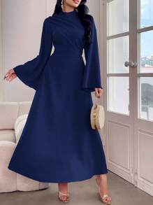 Modelyn 女士纯色立领长袖褶皱长款休闲连衣裙长款晚礼服 - 藍色 - 查看 3