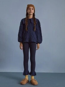 SHEIN Tween Girls Loose Fit Blue Solid Collar Textured Lantern Sleeve Casual Blouse For Autumn/Winter - Blue - View 3