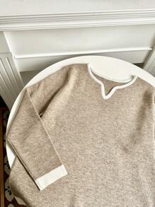 Flirla 大码女式V领撞色宽松针织衫，长袖套头衫，适合秋冬季穿着 - 灰色 - 查看 6