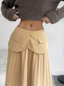 Chiquease 1pc váy xếp ly màu trơn thanh lịch cho nữ - Màu Khaki - Xem 5