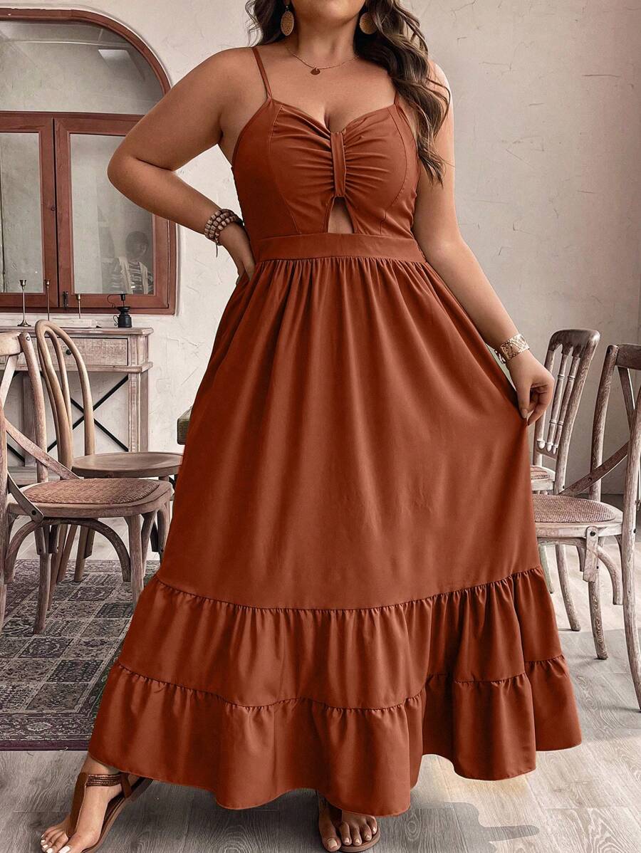 SHEIN LUNE Plus Size Solid Color Hollow Out Ruffle Hem Spaghetti Strap Dress Maxi Women Outfit