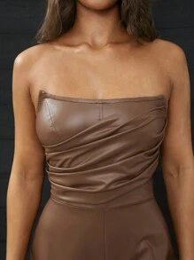 SHEIN SXY Sexy & Elegant Sleeveless PU Leather Bodycon Jumpsuit - Brown - View 4