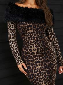 SHEIN SXY Sexy luipaardprint patchwork pluizige warme lange jurk voor dames, herfst/winter