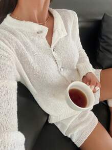 SHEIN Frenchy Bộ 2 áo len cardigan tay dài một hàng khuy đơn màu trơn cho nữ và quần short dệt kim, dành cho mùa thu - trắng - Xem 4