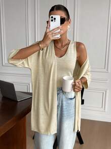 SHEIN Frenchy 2pcs Women Casual Gold Line Decor Camisole And Cardigan Set Women Cardigans,Thanksgiving Outfit,Women Fall Sets Winter - Gold - View 6