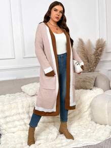 SHEIN Frenchy Casual Khaki Long Hooded Cardigan Sweater Jacket With Pockets, Suitable For Leisure & Homewear, Autumn/Winter
