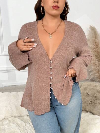SHEIN Frenchy Plus Size Faux Pearl Button Deep V-Neck Long-Sleeved Knitted Cardigan Spring