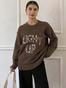 DAZY Pulover cu guler rotund, croială lejeră, cu imprimeu leopard și litere, pentru femei, cu imprimeu ghepard, haine de toamnă pentru femei - Maro - Vizualizare 5