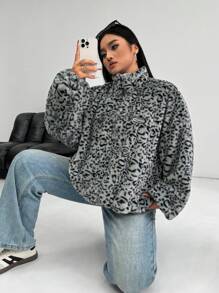 SHEIN EZwear 大码女式豹纹毛绒夹克，适合秋冬季 - 灰色 - 查看 7