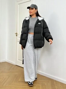 SHEIN EZwear Plus Size Women Casual Letter Decor Zipper Front Draw String Contrast Color Hooded Padded Coat, Winter