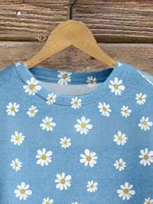 SHEIN LUNE Áo nỉ trùm đầu rộng rãi cổ tròn tay dài họa tiết hoa màu xanh tối giản giản dị dành cho nữ, thích hợp cho mùa hè - Nhiều màu - Xem 6