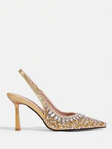 CUCCOO TILAWA Eleganta damsandaler med spetsiga tå högklackade med strass, guldfärgade, lämpliga för bröllop till jul och nyår Semesterstämning höst och vinter - Guld - Visa 2
