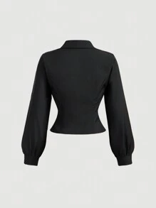 SHEIN MOD White Pleated Front Long Sleeve Fitted Ladies Blouse,Business Casual Women,90s Outfit,Fall Clothing, Clothes,Business Casual Women,Back To School,Women Blouses,Going Out Tops,Long Sleeve Shirt,Work Women Blouses, - Black - View 2