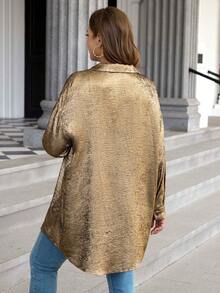 SHEIN LUNE Long Sleeve Shirt Going Out Tops Plus Size Metallic Fabric Button Down Long Sleeve Top, Versatile For Plus Size Plus Size Fall Clothes - Gold - View 2