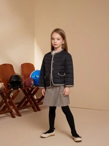 PrepCrw Young Girls' Brown Plaid Pattern Black Long Sleeve Round Neck Winter Coats, Autumn/Winter - Black - View 10