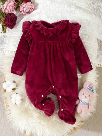 SHEIN Infant & Toddler Girls' Pink Adorable Velvet Long Sleeve Jumpsuit Romper, Loungewear