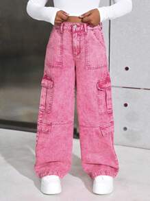 SHEIN Tween Girls Y2K 粉色石洗高腰翻盖口袋宽松直筒工装牛仔裤