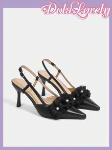 Dola Lovely 女士高跟鞋，纯粉色蕾丝蝴蝶结尖头露跟平底鞋，四季凉鞋 - 黑色 - 查看 9