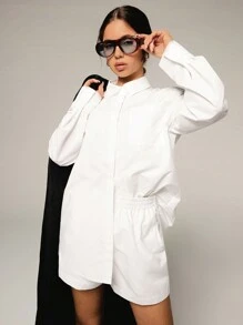Athîral Autumn/Winter 2pcs Set Women Casual Solid Color Long Sleeve Shirt And Shorts,