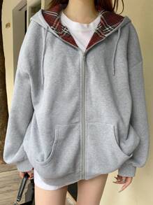 DAZY 秋季新款返校拼色休闲拉链连帽衫运动衫、长袖上衣、秋季女装夹克 - 灰色 - 查看 3