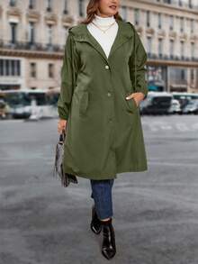 SHEIN Clasi Plus Size Casual Solid Color Loose Fit Front Button Hooded Trench Coat, Autumn
