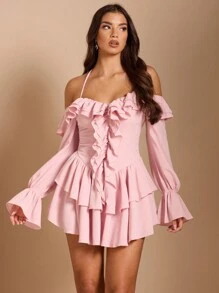 SHEIN BAE 女士纯色荷叶边露背长袖迷你连衣裙 - 粉色 - 查看 7