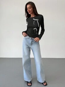 Aloruh Crew Neck Long Sleeve Basic Tee With Bow Ribbon Decor, For Autumn/Winter