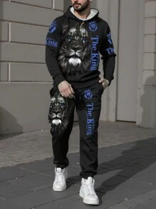 Manfinity LEGND 2pcs/Set Men Casual Lion & Sesame Print Drawstring Hooded Sweatshirt And Pants, Autumn