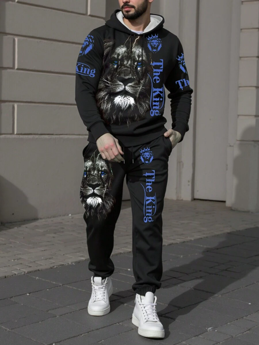 Manfinity LEGND 2pcs/Set Men Casual Lion & Sesame Print Drawstring Hooded Sweatshirt And Pants, Autumn