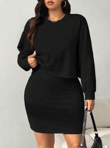 SHEIN EZwear 2pcs/Set Plus Size Women Solid Color Early Autumn Hoodie And Spaghetti Strap Dress - Black - View 1