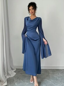 Rafferiza 1 件束腰长袖纯色优雅迷人连衣裙长款缎面女装 - 藍色 - 查看 5