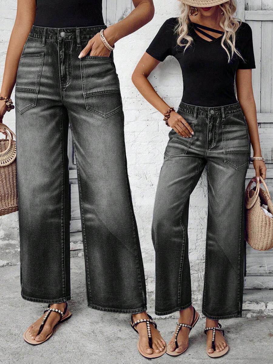 EMERY ROSE Pantalones vaqueros de mujer con bolsillo y diseño simple, para uso diario - Gris Oscuro - Ver 1