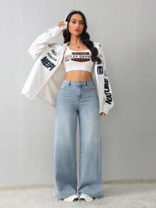 SHEIN Tall Women's Jeans Casual Loose Straight Trousers Blue Tall Women's Pants Winter Women Pants Race Car Driver, Fall Women Clothes - Multicolor - View 4