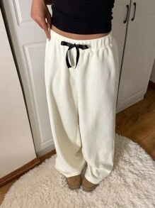 SHEIN EZwear 女式纯色羊毛长裤，秋冬款 - 杏色 - 查看 5