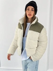 Aloruh Warm Windproof High Collar Long Sleeve Color Block Women Winter Coat