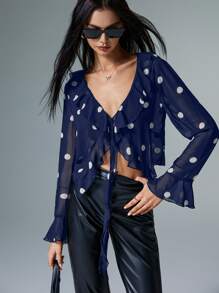 Poéselle 系带圆点雪纺，荷叶边下摆 V 领喇叭长袖衬衫，女装，秋装，优雅，休闲女装，可爱衬衫，衬衫，冬装，纽扣，女装，Y2K - 藏蓝色 - 查看 4