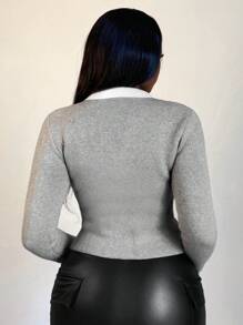Zolique Winter Slim Fitting Friends Gathering Women's Fleece Sweater Gray Long Sleeved Top, Knit Pullover Fall - Grey - View 2