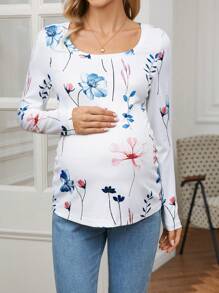 SHEIN 花卉印花圆领休闲孕妇长袖 T 恤 - 白色 - 查看 5