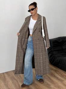 SHEIN Unity Casual Autumn/Winter Fleece Plaid Long Loose Double-Breasted Open Split Overcoat For Women - Coffee Brown - View 4