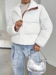 SHEIN Essnce Chaqueta de punto de cable blanca para mujer, chaqueta informal con cremallera holgada, chaleco de cuello redondo de unicolor con cremallera para mujer en otoño/invierno. Cálida y fácil de combinar, adecuada para uso diario, ir a trabajar, en casa, etc. - Blanco - Ver 5