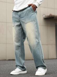 Manfinity Homme Men's Plus Size Casual Straight Leg Washed Denim Jeans, Plain Wide Jeans Long Distressed Baggy Light Blue Cargo Jeans, For Husband, Boyfriend Gifts - Blue - View 6