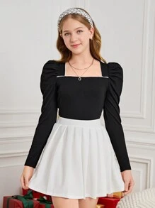 SHEIN Teen Girl's 2pcs Black Knitting/ Leg Of Mutton Sleeves/Winter/Elegant/For Party/White Pleated Skirt - Black and White - View 3