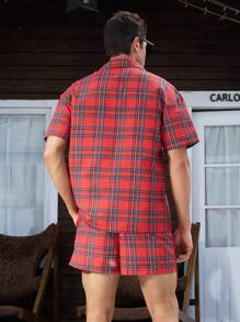 Manfinity Swimmode 2pcs Men Plaid Print Button Front Short Sleeve Top And Drawstring Pocket Shorts Casual Beach Outfit - Red - View 2