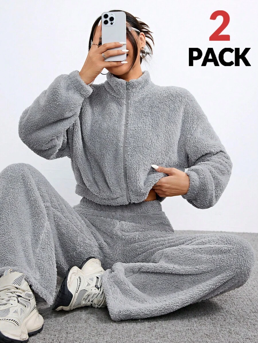 Muchica Women's Winter Streetwear Sherpa Fleece Zip Up Long Sleeve High Neck Coat& Pants Going Out Sets ,2pcs - Beige - View 1